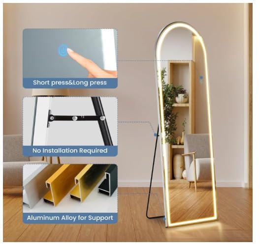 Image of HD Glass LED Mirror Full Length with Stand, 18 inchx60 inch Full Body Wall Mirror with LED Lights 3 Color Lighting, Hanging or Leaning, Floor Standing, Modern Simple Home Wall Decor