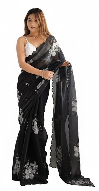 Sari en organza pour femme à sequins tenue parfaite pour mariage et grande fête