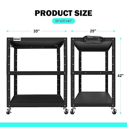 Image of DNA Motoring 3-Layer Utility Steel AV Cart with Wheels Power Strip, 35 inch x 25 inch x 24 inch-42 inch Height Adjustable Rolling Projector Cart,TOOLS-00137