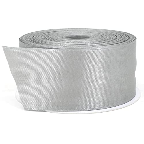 Stuffvisor Silver Satin Ribbon - 2 Inch x 50 Yard Roll, Double Face Solid Color, Thick & Durable, 100% Polyester for Gift Wrapping, Crafts, Hair & Decorations