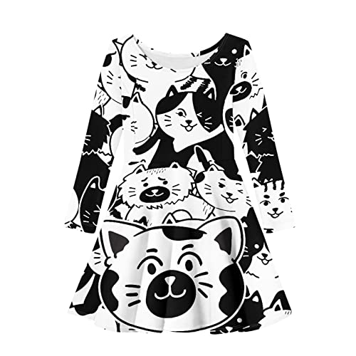 White Black Cat Print Skater Dress for Girls 11-12 Years Old Kids Casual Cute Birthday Party Swing A Line Dresses Big Girls Winter Spring Basic Loose Fit T Shirt Dress
