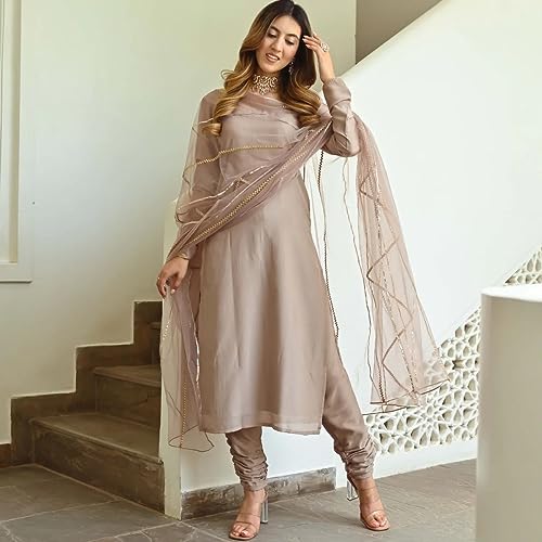 Image of GoSriKi Women's Cotton Blend Straight Solid Kurta with Pant & Dupatta
