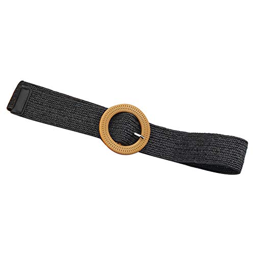 Dontdo Ceinture tissée en coton et lèpre pour femme Tissage de paille Élastique Taille Boucle de Ceinture Robe Jeans Décor Noir Bouton Rond # Cover