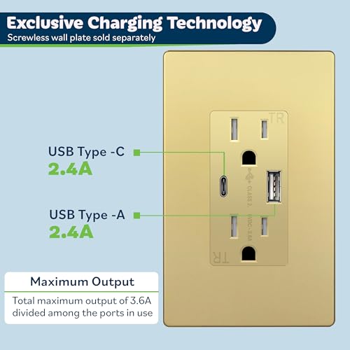 TOPGREENER USB Outlet, 4.2A Type C & Type A Wall Outlet, 15 Amp Tamper Resistant Receptacle Plug, Screwless Wall Plate Included, UL Listed, TU21536AC-GDWSI-2PCS, Gold, 2 Pack by TOPGREENER - Image 3