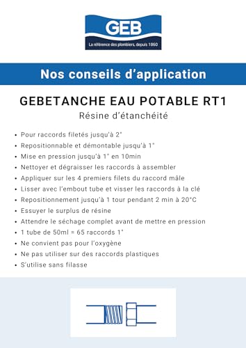GEB Gebetanche eau potable RT1. Résine d'étanchéitée anaérobie pour raccords filetés métalliques coniques ou cylindriques sur réseaux sanitaires - 75ml – vue 7