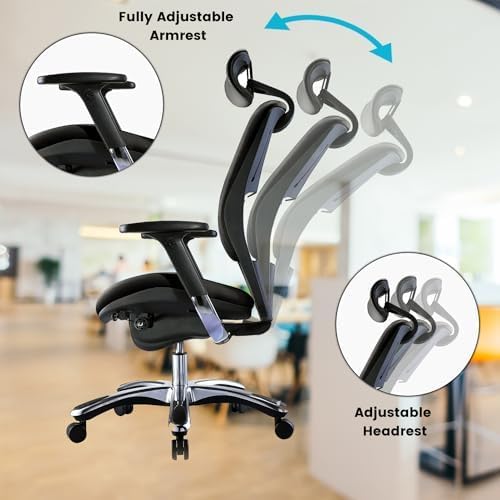 Side view of the GM Seating Ergolux Executive Chair demonstrating the recline function from upright to a fully reclined position, along with adjustable armrest and headrest details.