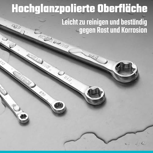 DURATECH 4-tlg. E-Torx Schraubenschlüssel-Satz E6–E24, Doppel-Ringschlüssel Innen-Torx, Cr-V Stahl, spiegelglanzpoliert, mit Rollo-Tasche, für Auto, Motorrad und mechanische Wartung