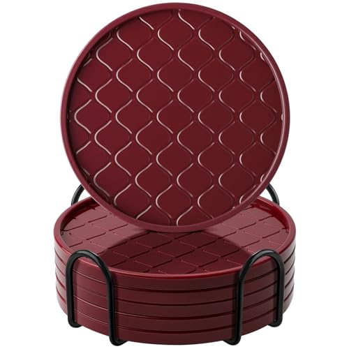 Coasters Set of 6,Hot or Cold Drink Coasters with Holder,Modern Style Coffee Table Coaster,Suitable for Kinds Cups Beer,Drink,Anti-Overflow Tabletop Protection(Wine red, 6pcs)