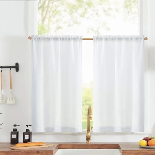 Visillos bistró – Juego de 2 cortinas de cocina de 65 x 60 cm, color blanco, semitransparente, corto, moderno, para caravanas, estilo rústico, granja, translúcido