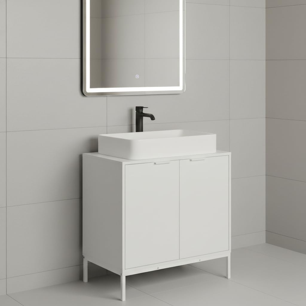 INDE MOBLEKIT | Mueble Bajo Lavabo 60×30×60 cm, Armario de Madera y Metal con Doble Puerta y Acabado Mate, Mueble Auxiliar para Baño con Espacio de Almacenaje para Artículos de Higiene