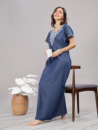 Image of 9shines Label Stylish Denim Cotton Nighty Maxi for Women | Full Length Trendy Nightgown | Premium Nightdress | Nightwear | Embroidery Nighty with Pocket (9SDS)