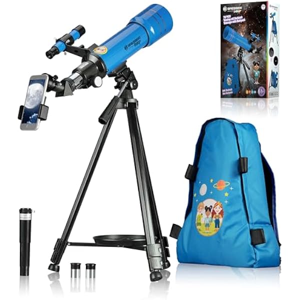 Bresser Junior teleskop dziecięcy 70/400 dla dzieci od 8 lat, astronomia, dla początkujących, teleskop z plecakiem, akcesoriami i uchwytem na smartfon, obserwacja nocnego nieba, niebieski