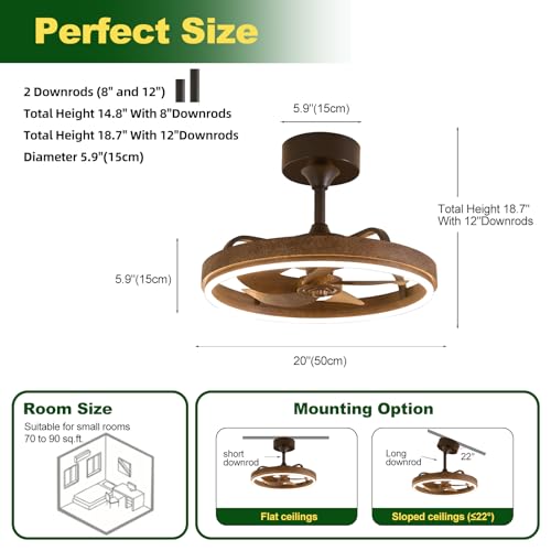 Image of Farmhouse Fandelier Retro Ceiling Fan with Light, 20 inch Rustic Brown Dimmable LED Chandelier Ceiling Fans, Low Profile Smart Bladeless Ceiling Fan Lights 6 Speeds for Bedroom, Living Room