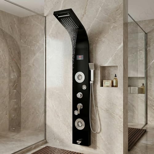 Image of Backline Stainless Steel 304 Grade Shower Panel For Bathroom 6 in 1 Shower With LED Rainfall Shower Panel | Body Massage | Overhead Shower | Body Jet | Hand Shower (Black Mirror Finish)