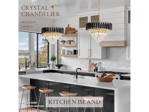 Image of Modern 4-Tiers Crystal Pendant Light Black Gold Round Ceiling Light Fixture (Antique, 500mm), 3 Colors Led Plate Included Warm White, Natural Light, Chandelier Light (L-50*B-50*H-75 Cm) F