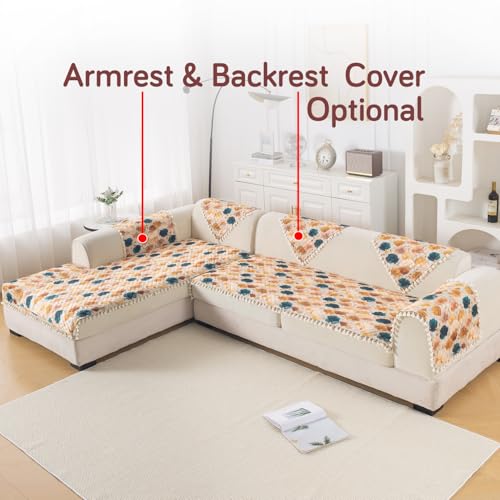 Image of HOKIPO Boho Wildflower L Shape (2+2 Seater) Sofa Seat Mat with Tassel| Quilted Sofa Cover Mat, 'Tassel Twigs' Series (IN-983-T11 + IN-984-T11)