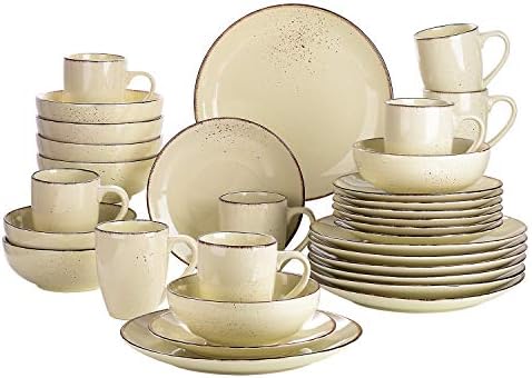 vancasso Navia Ceramic Dinnerware Set, 32 pieces Service for 8 Stoneware Spray Spot Patterned Service Dish with Dinner Plates, Salad Plates, Bowls, Mugs - Cream