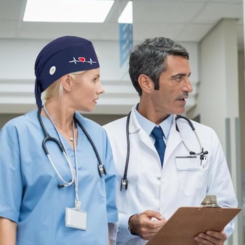 MUNTE 2 Stück Op Haube mit Schweißband, Op Hauben aus Baumwolle, Krankenschwester Haube mit Knöpfen, für Krankenhausabteilungen, Labor (Navyblau)