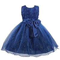 Discoball Girl Dress Princess Party Clothing Holiday Girls Dresses, 3D Rose Flower, Bow Sequins Tulle Dress Up for Kids Birthday Travel and Special Occasions Navy Blue
