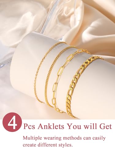 Image of FOCALOOK Anklet Bracelets Set for Women, 14K Gold Plated Waterproof Cuban Link Chain Layered Anklets Set for Plus Size Ankle 8-10.5 Inch Adjustable Summer Beach Jewelry Gift