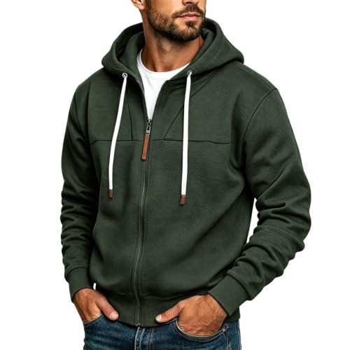 Image of Mens Zip Hoodie Lightweight Track Jacket with Pockets Blackish Green