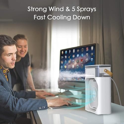 Image of Drumstone ( ๐๐ ๐ฒ๐๐๐ซ๐ฌ ๐ฐ๐๐ซ๐ซ๐๐ง๐ญ๐ฒ Tabletop Personal Cooler Fan with LED Night Light, 3 Spray Modes & Speed Options - Ideal for Bedroom, Office, Travel Use