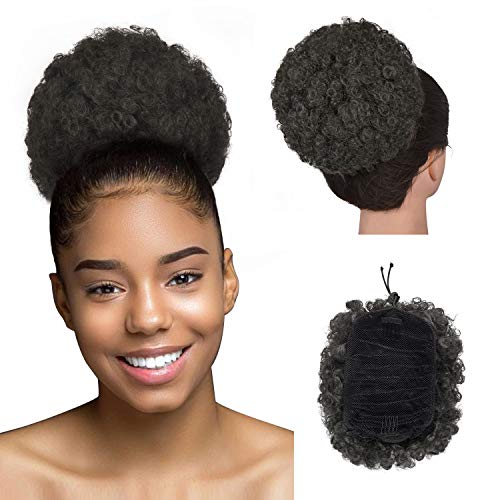 Sidaila Afro Puff Drawstring Ponytail for Black Women Short Kinky Curly Hair Ponytail Extension, Black Brown Afro Bun Ponytail Clip on Hair Extensions for African American Women (2#)
