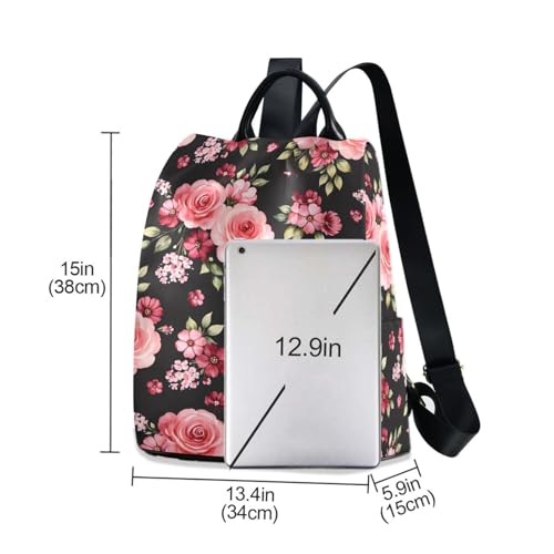 Image of ALAZA Rose Flowers Floral Black Backpack Purse for Women Anti Theft Fashion Back Pack Shoulder Bag