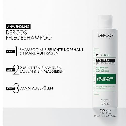 Vichy Dercos Psolution Pflegeshampoo: Beruhigendes Pflegeshampoo mit 5 % Urea gegen trockene juckende Kopfhaut – für empfindliche Kopfhaut geeignet, 200 ml