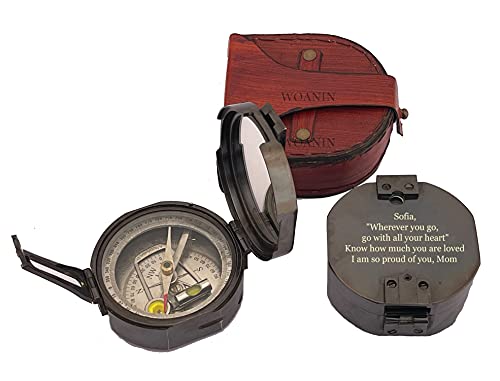 Woanin Handmade Brass Brunton Compass- Antiquated Finish Sundial Magnetic Compass, Pocket Compass For Hiking Boating, Poem Compass For Women Birthday Gift #TOP2