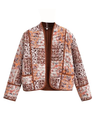 Perbai Womens Floral Cropped Quilted Jacket Lightweight Reversible Open Front Puffer Cardigan Coat