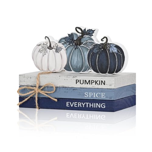 Smile Fall Wooden Decor Signs Blue Tone Pumpkins PUMPKIN SPICE EVERYTHING Tiered Tray Tabletop Signs for Autumn Harvest Thanksgiving Home Decor