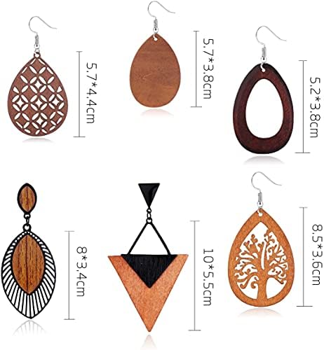 YADOCA 6-9 Pairs Wooden Dangle Earrings for Women African Earrings Natural Wood Teardrop Earrings Ethnic Statement Lightweight Pendant Drop Earrings