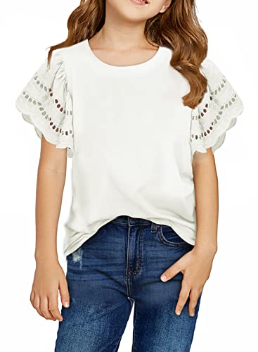 Image of blibean Girls Summer Short Sleeve Shirts Cotton Tops Size 4-15 Years Old | Kids Fashion Causal Solid Color Tee, Cute Ruffle Crewneck Basic Blouse, Flowy Clothes for Tween Teen Girl, Soft Breathable
