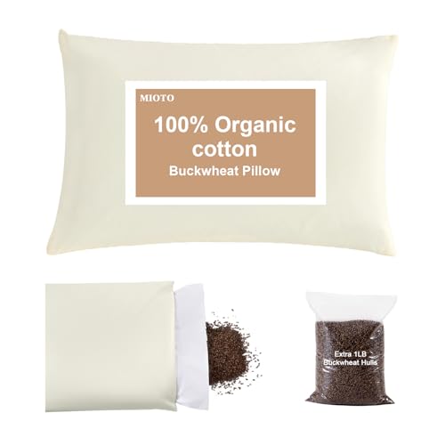 MIOTO Organic Buckwheat Pillow for Sleeping with Dual-Layer Pillowcase and Extra Tartary Buckwheat Hulls, Adjust Height and Firmness, Neck Support Pillow for Back and Side Sleepers 14"x20"