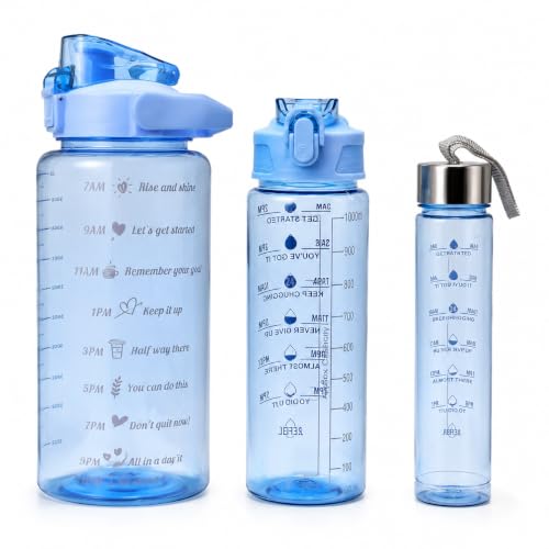 Image of Water Bottle Combo Set of 3 with Sipper & Straw, Blue