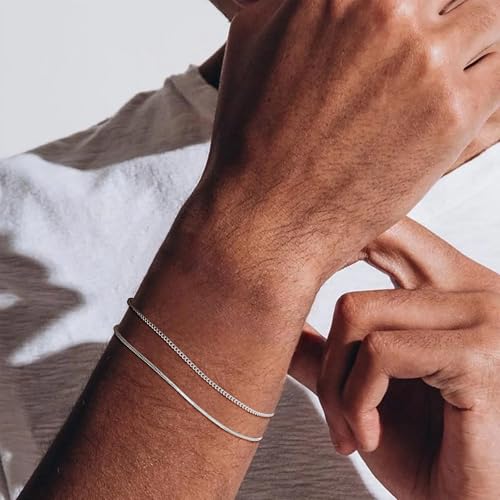 Image of Moodear Father's Day Gifts for Him Stackable Bracelets for Men - Dainty Silver Cuban Link Stackable Snake Chain Stainless Steel Bracelets Trendy Jewelry Gift