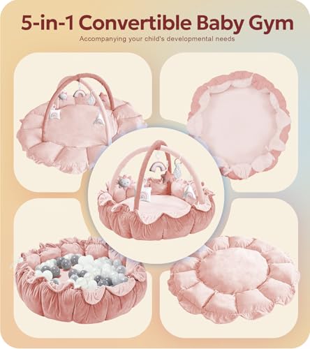 Mallify 5-in-1 Thick & Plush Baby Play Gym, Baby Play Mats for Floor, Tummy Time Mat with 6 Toys, Convertible Stage-Based Developmental from Babies to Toddlers, Ball Pit, Pink