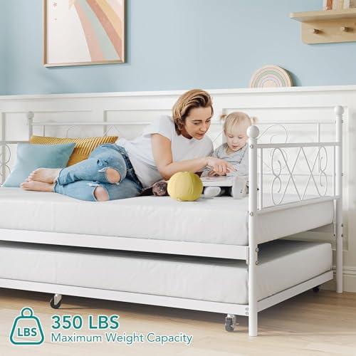Image of Garvee Daybed with Trundle, Trundle Bed Twin with Heart-Shaped Headboard, Sturdy Metal Sofa Bed, Heavy-Duty Metal Bed Frame Support, for Living Rooms, Bedrooms, and Guest Rooms, Easy Assembly
