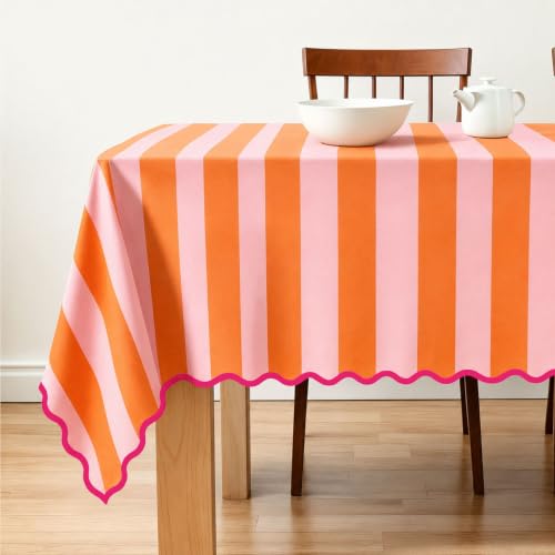Whaline Scalloped Edge Tablecloth, Orange Pink Wide Striped, 55 x 70 Inch by Whaline - Used condition - US$19.53