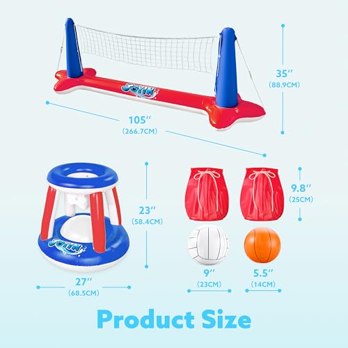 JOYIN Aufblasbare Pool Float Set, Volleyballnetz & Basketballkörbe & Bälle für Kinder und Erwachsene, Wasserballspiel Poolspielzeug Volleyball Basketball Pool Spielzeug, Wassersport Sommerspielzeug
