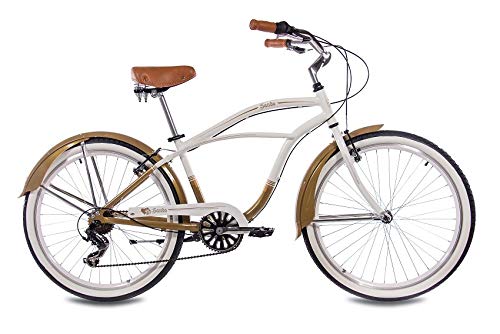CHRISSON 26 Zoll Beachcruiser Sando Weiss Gold mit 6 Gang Shimano Tourney Kettenschaltung, Damenfahrrad, Herrenfahrrad im Retro Look, Vintage Cruiser Bike
