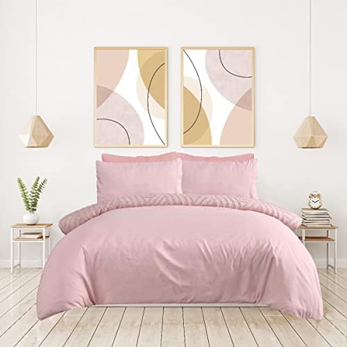 Sleepdown Geometric Textured Tufted Diamond Blush Pink Duvet Cover Quilt Pillow Cases Bedding Set Soft Easy Care - King (230cm x 220cm)
