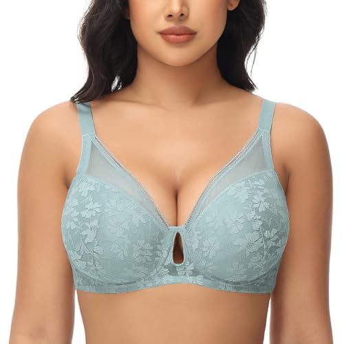 FallSweet Lace Push Up Bras for Women Underwire Padded Add one Cup Bra in Lace Sexy Brassiere,Light Blue, 44D
