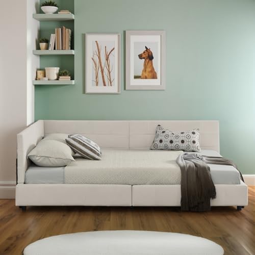 LAKFEW Schlafsofa Bett 140x200 mit Rückenlehne, Schlafcouch Polsterbett mit Samtdesign, Tagesbett mit Lattenrost, Schlafzimmer möbel, Ohne Matratze, Samt, Beige – Bild 4
