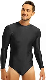 CHICTRY Men's Long Sleeve Stand Collar Stretch Swimsuit Leotard Thong Bodysuit Black Medium