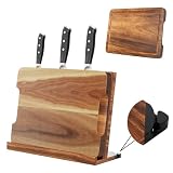 3 in 1 Magnetic Knife Block Stand, 14'x10' Cutting Board, Knife Sharpener - Wooden Magnetic Knife Holder - Acacia Display Holder Double Sided Storage Rack Magnets for Knives - No Assembly Required