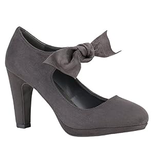 stiefelparadies Damen Schuhe Pumps Mary Janes Veloursleder-Optik High Heels Blockabsatz 156236 Grau Schleifen 38 Flandell