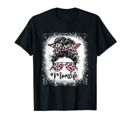 Mom Life Bleached Shirt Mom Life Pink Leopard Messy Bun T-Shirt