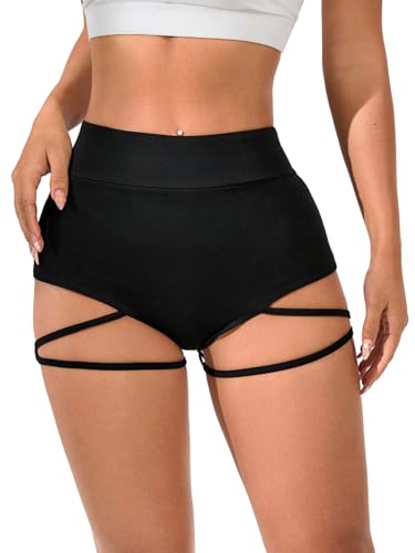 GORGLITTER Damen Shorts Hohe Taille Sommershort Modern Minishorts mit Kreuzdetail Super Kurze Hose Fitnesshorts Clubwear Hotpants Festival Short Schwarz M